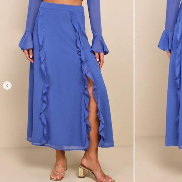 LULU's Boho Bohemian Flowy Romantic Ruffle Chiffon Blue Maxi Skirt NWT - Picture 1 of 5
